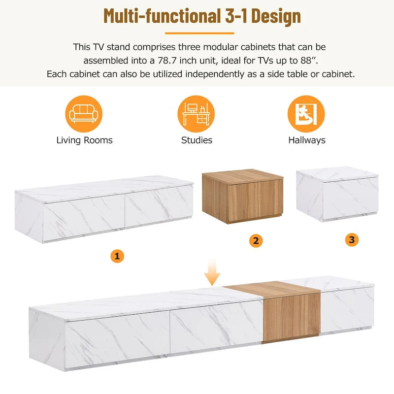 Meuble TV moderne avec 4 tiroirs de rangement et dessus en faux marbre