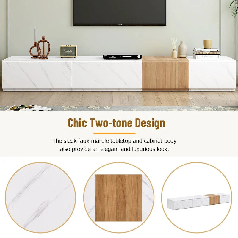 Meuble TV moderne avec 4 tiroirs de rangement et dessus en faux marbre