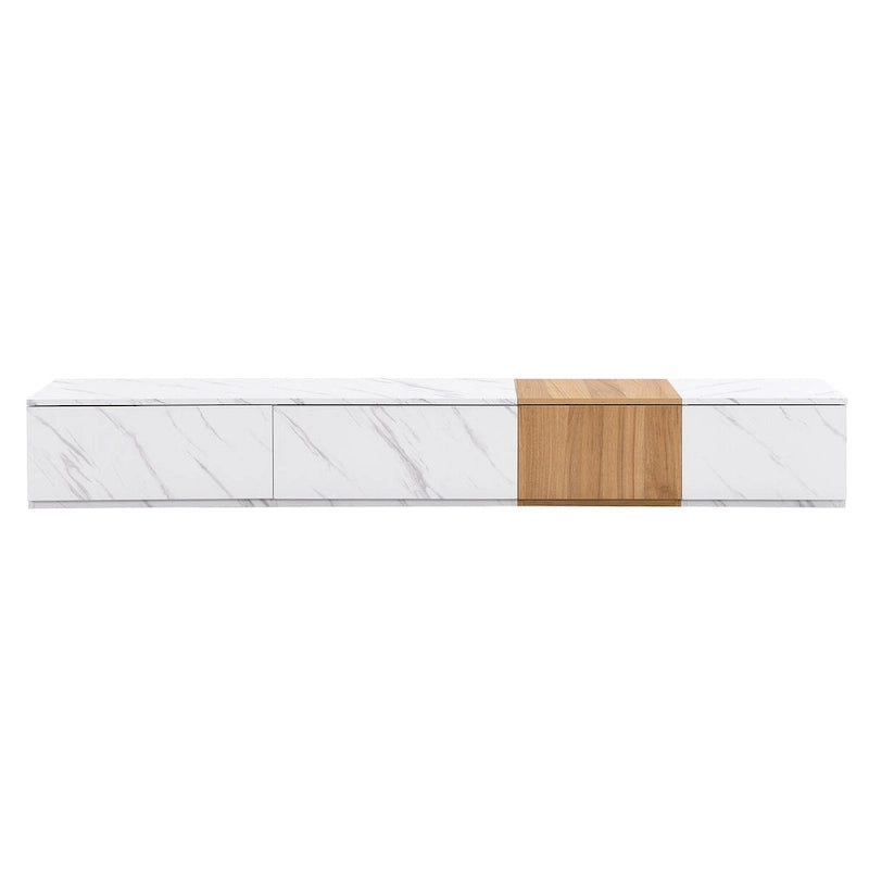 Meuble TV moderne avec 4 tiroirs de rangement et dessus en faux marbre