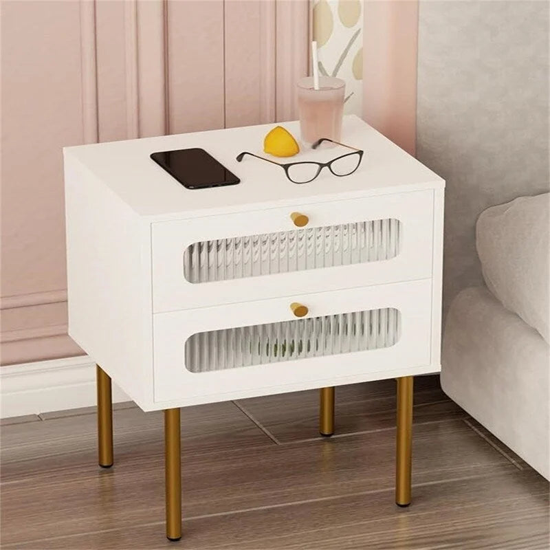 Petite table de chevet avec 2 tiroirs en verre cannelé pour chambre à coucher