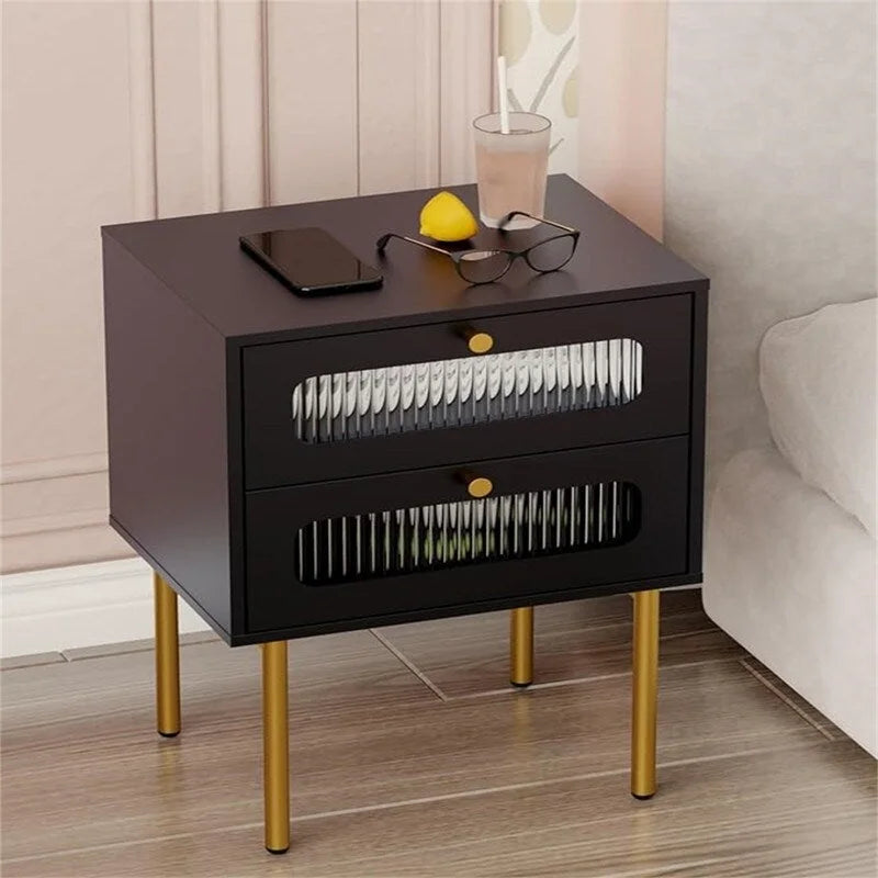 Petite table de chevet avec 2 tiroirs en verre cannelé pour chambre à coucher