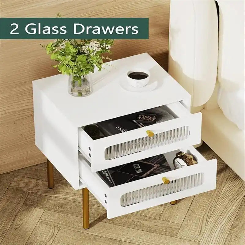 Petite table de chevet avec 2 tiroirs en verre cannelé pour chambre à coucher