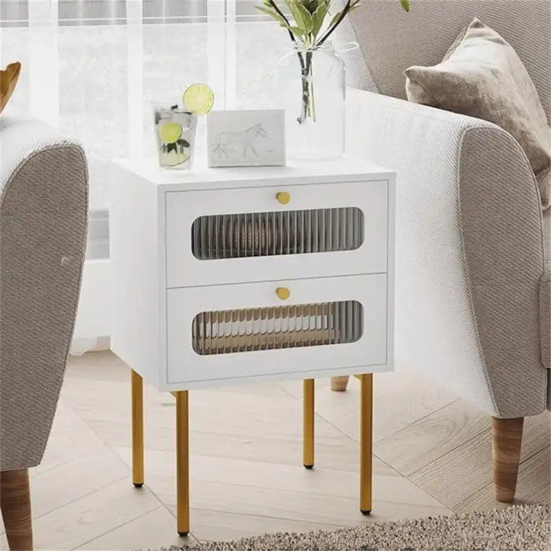 Petite table de chevet avec 2 tiroirs en verre cannelé pour chambre à coucher
