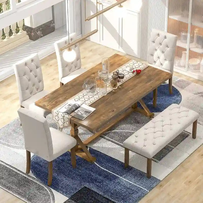 Table à Manger Rectangulaire de Ferme 72 Pouces, en Bois Massif avec Piétement en Croix
