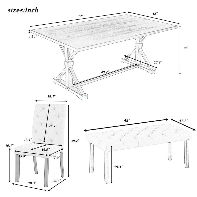 Table à Manger Rectangulaire de Ferme 72 Pouces, en Bois Massif avec Piétement en Croix