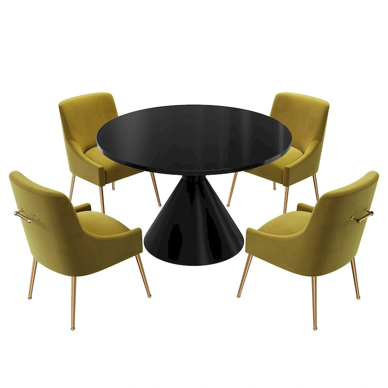 Table de salle à manger ronde de 48 pouces sur pied, noire, laquée brillante, style luxe moderne