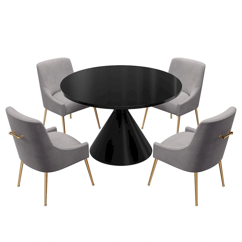 Table de salle à manger ronde de 48 pouces sur pied, noire, laquée brillante, style luxe moderne