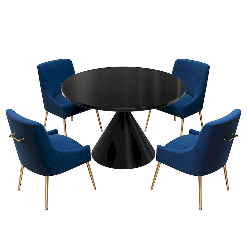 Table de salle à manger ronde de 48 pouces sur pied, noire, laquée brillante, style luxe moderne