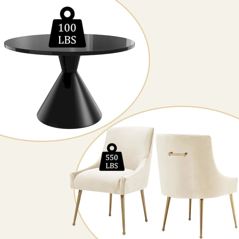 Table de salle à manger ronde de 48 pouces sur pied, noire, laquée brillante, style luxe moderne