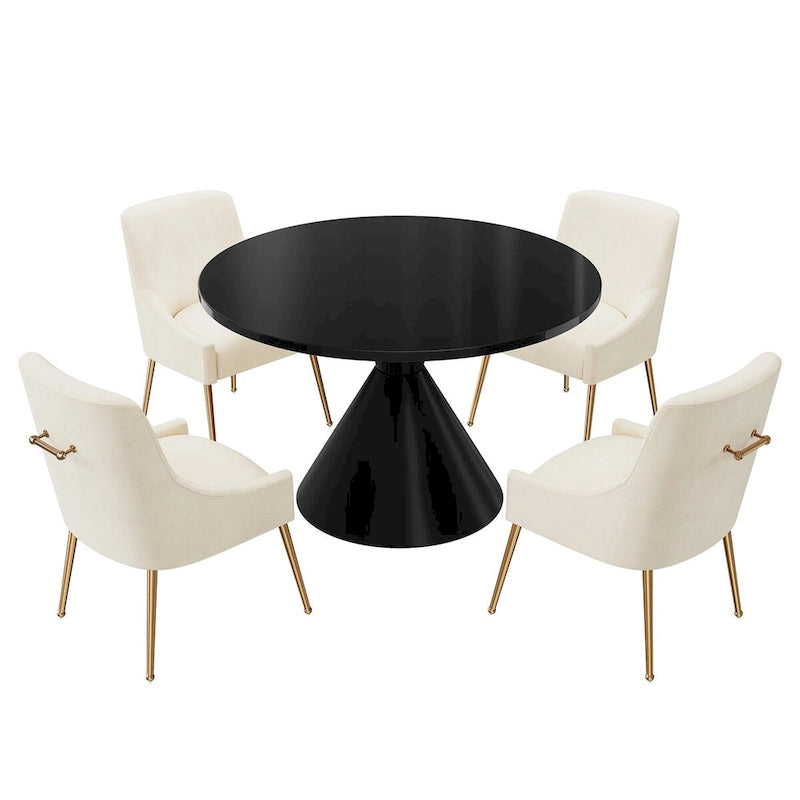 Table de salle à manger ronde de 48 pouces sur pied, noire, laquée brillante, style luxe moderne