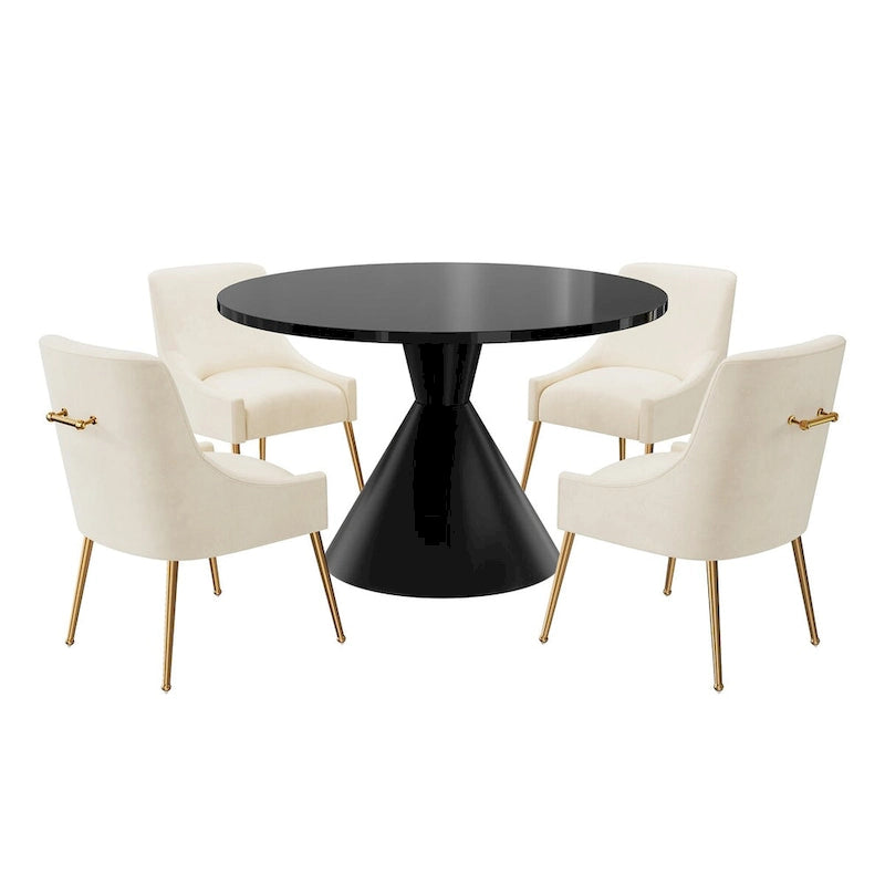 Table de salle à manger ronde de 48 pouces sur pied, noire, laquée brillante, style luxe moderne