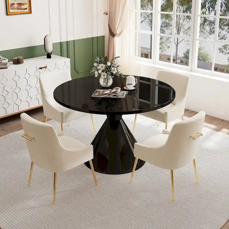 Table de salle à manger ronde de 48 pouces sur pied, noire, laquée brillante, style luxe moderne