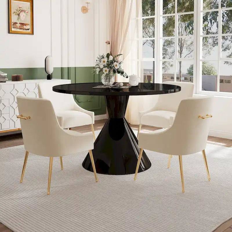 Table de salle à manger ronde de 48 pouces sur pied, noire, laquée brillante, style luxe moderne