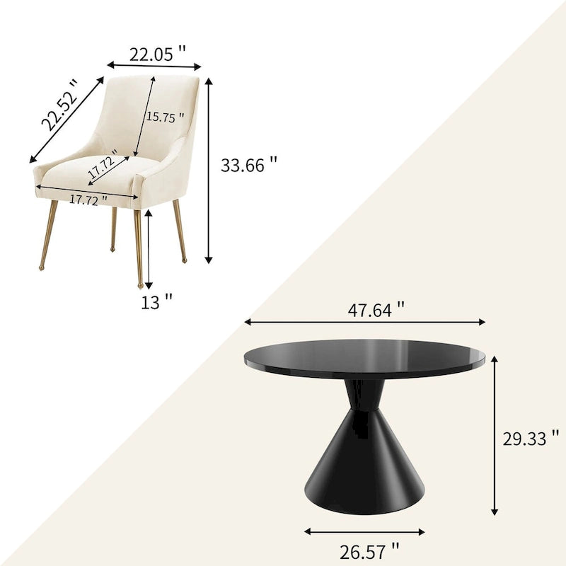 Table de salle à manger ronde de 48 pouces sur pied, noire, laquée brillante, style luxe moderne