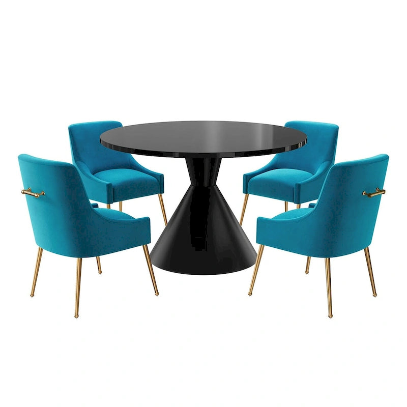Table de salle à manger ronde de 48 pouces sur pied, noire, laquée brillante, style luxe moderne