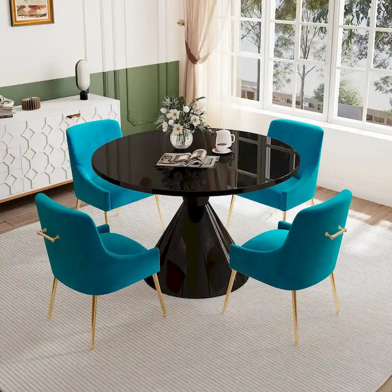Table de salle à manger ronde de 48 pouces sur pied, noire, laquée brillante, style luxe moderne