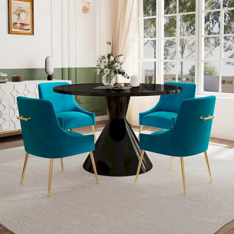 Table de salle à manger ronde de 48 pouces sur pied, noire, laquée brillante, style luxe moderne