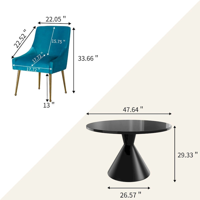 Table de salle à manger ronde de 48 pouces sur pied, noire, laquée brillante, style luxe moderne