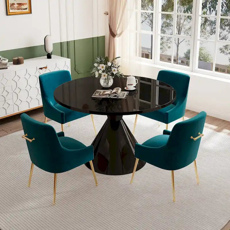 Table de salle à manger ronde de 48 pouces sur pied, noire, laquée brillante, style luxe moderne