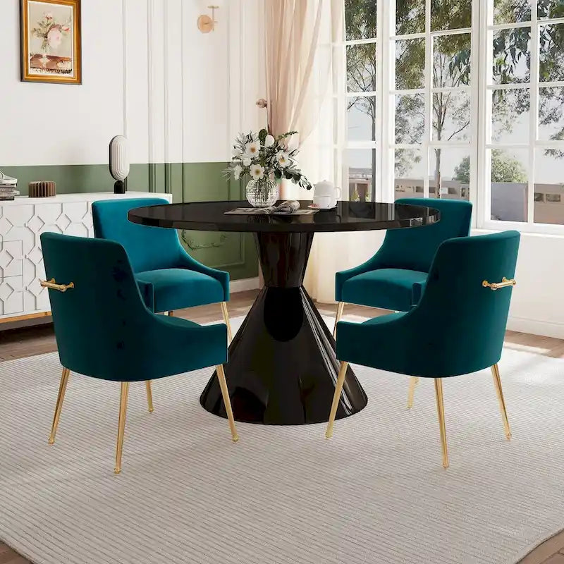 Table de salle à manger ronde de 48 pouces sur pied, noire, laquée brillante, style luxe moderne
