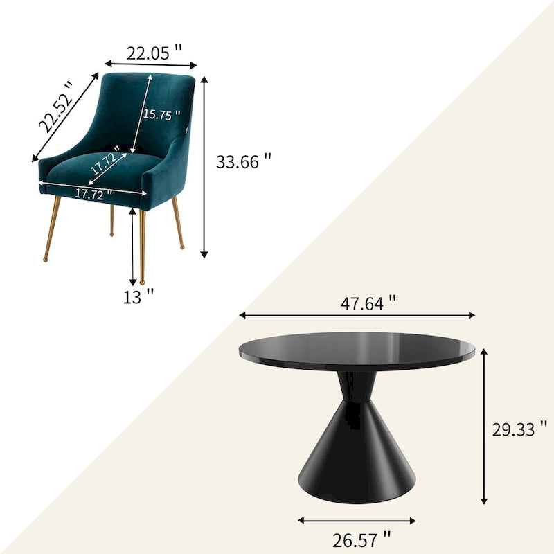 Table de salle à manger ronde de 48 pouces sur pied, noire, laquée brillante, style luxe moderne