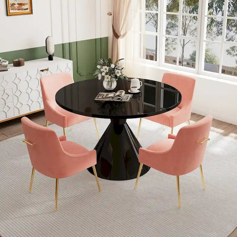 Table de salle à manger ronde de 48 pouces sur pied, noire, laquée brillante, style luxe moderne