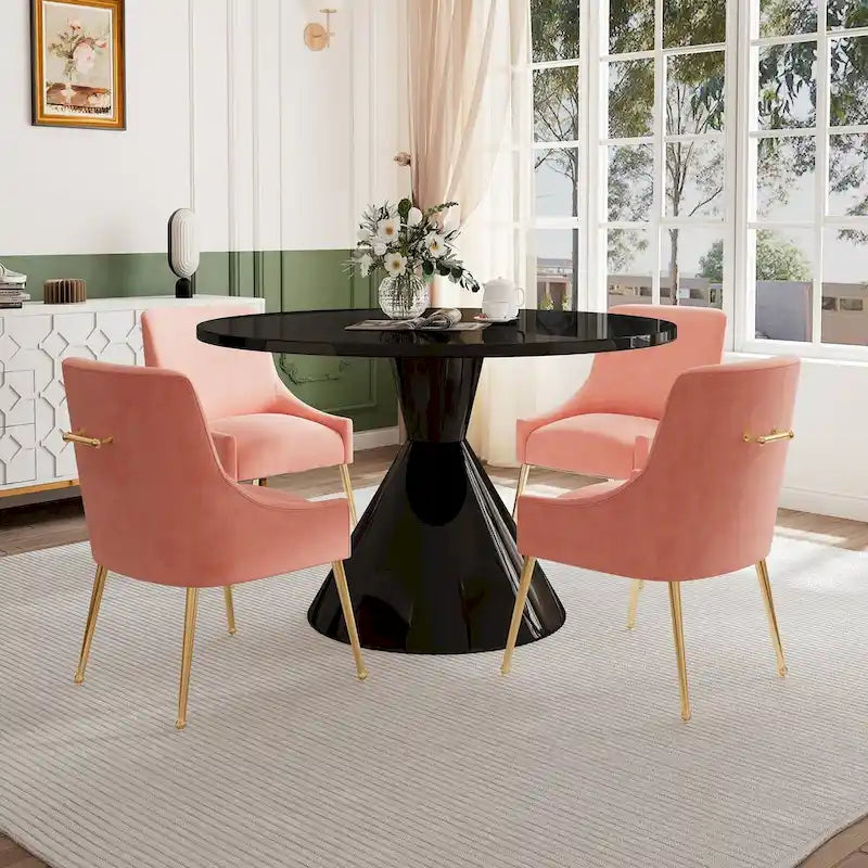 Table de salle à manger ronde de 48 pouces sur pied, noire, laquée brillante, style luxe moderne