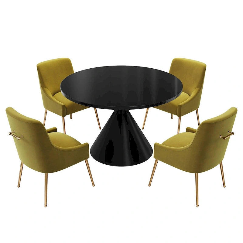 Table de salle à manger ronde de 48 pouces sur pied, noire, laquée brillante, style luxe moderne