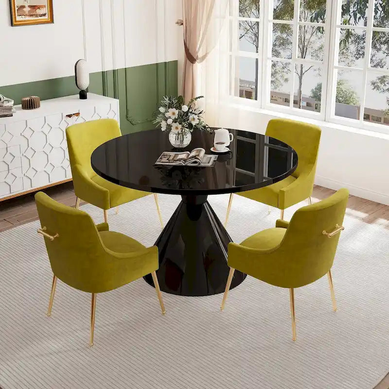Table de salle à manger ronde de 48 pouces sur pied, noire, laquée brillante, style luxe moderne