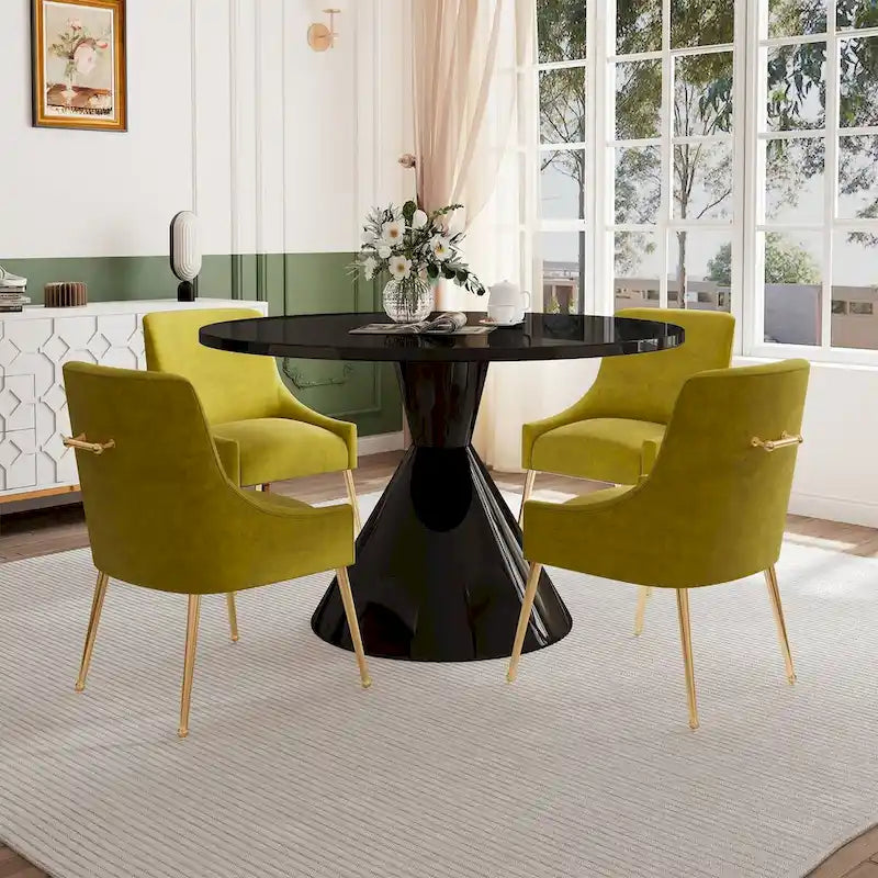 Table de salle à manger ronde de 48 pouces sur pied, noire, laquée brillante, style luxe moderne