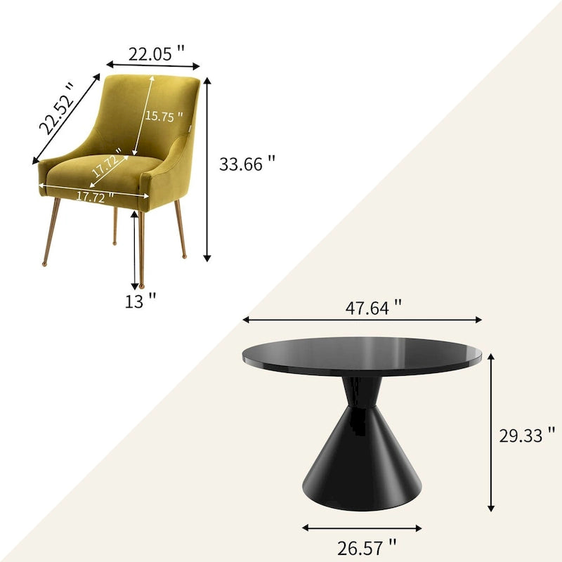 Table de salle à manger ronde de 48 pouces sur pied, noire, laquée brillante, style luxe moderne
