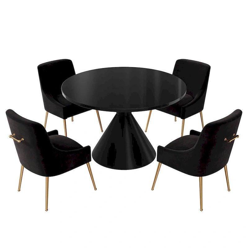 Table de salle à manger ronde de 48 pouces sur pied, noire, laquée brillante, style luxe moderne
