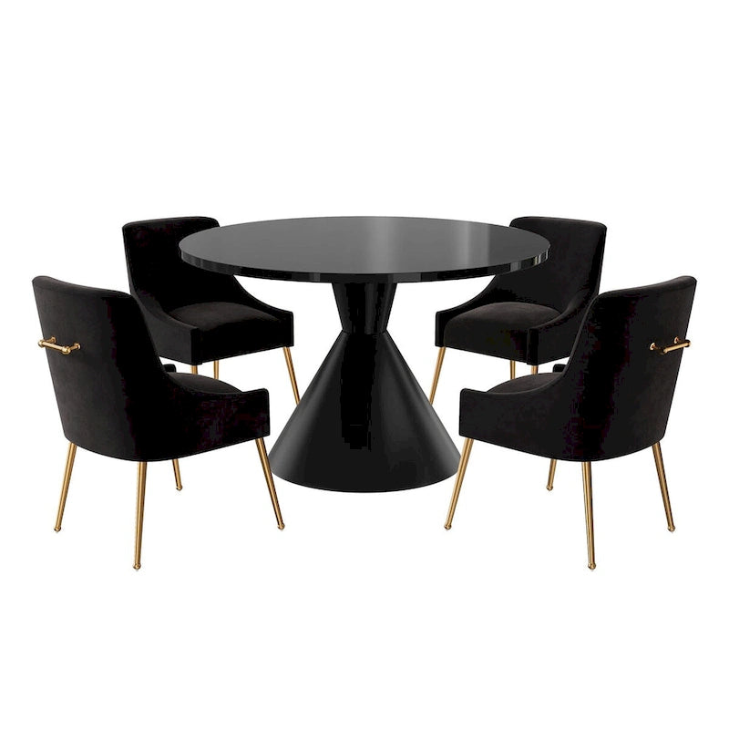 Table de salle à manger ronde de 48 pouces sur pied, noire, laquée brillante, style luxe moderne