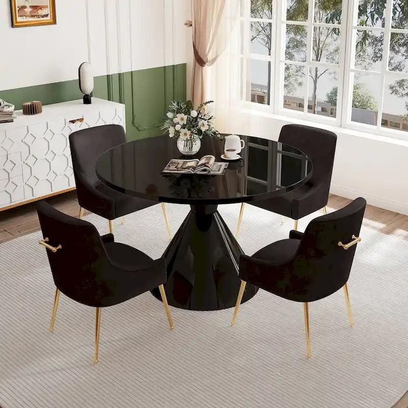 Table de salle à manger ronde de 48 pouces sur pied, noire, laquée brillante, style luxe moderne