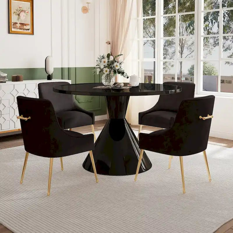 Table de salle à manger ronde de 48 pouces sur pied, noire, laquée brillante, style luxe moderne