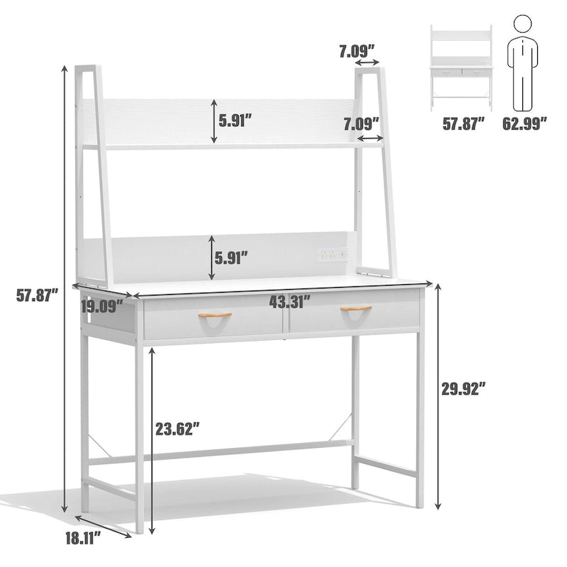 Bureau informatique Table d'écriture avec prises de courant, tiroirs et étagère de rangement