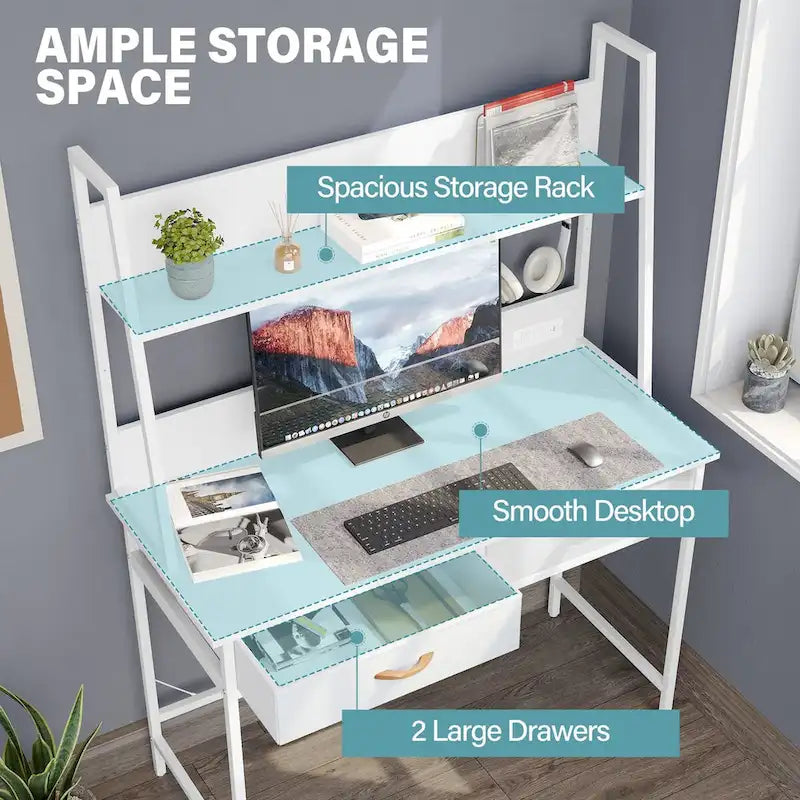 Bureau informatique Table d'écriture avec prises de courant, tiroirs et étagère de rangement