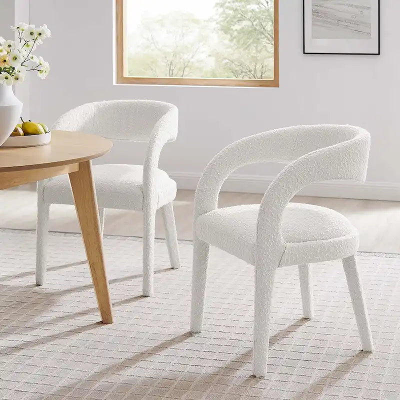 Chaise de salle à manger en tissu bouclette à dossier incurvé avec design ouvert