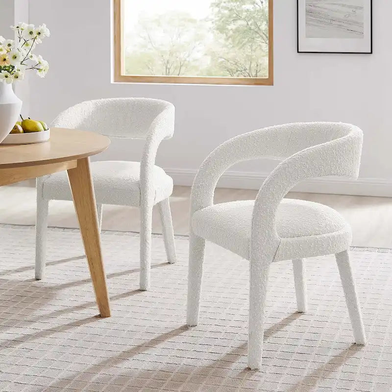 Chaise de salle à manger en tissu bouclette à dossier incurvé avec design ouvert