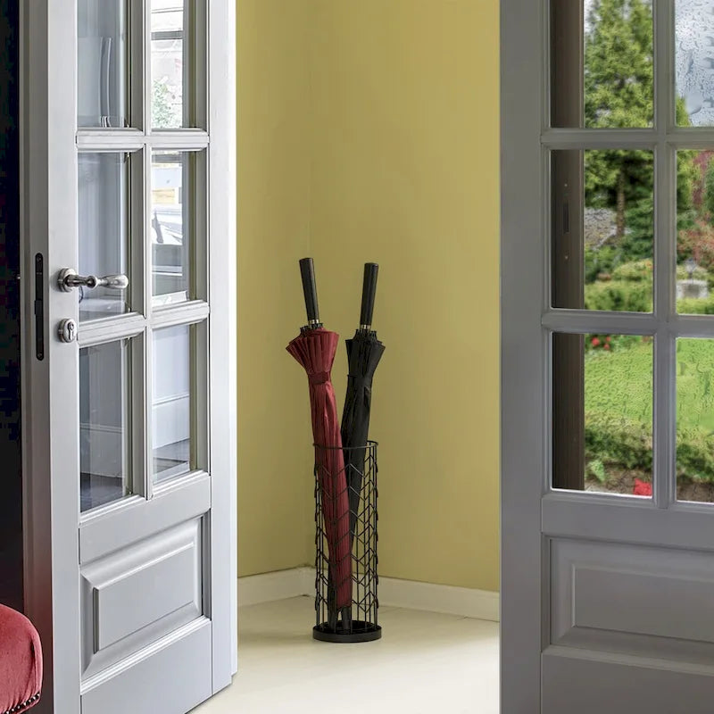 Porte-parapluie rond en fil noir avec bac de récupération pour une utilisation intérieure et extérieure
