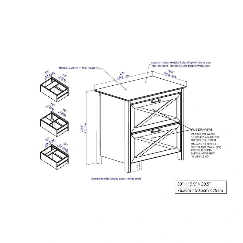 Classeur à 2 tiroirs au design campagnard, finition blanche