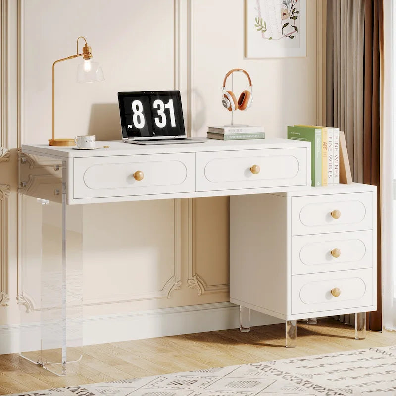 Bureau d'ordinateur moderne à 5 tiroirs avec pieds en acrylique et rangement