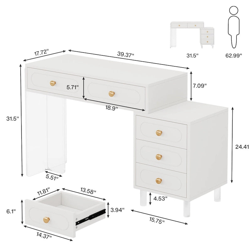 Bureau d'ordinateur moderne à 5 tiroirs avec pieds en acrylique et rangement