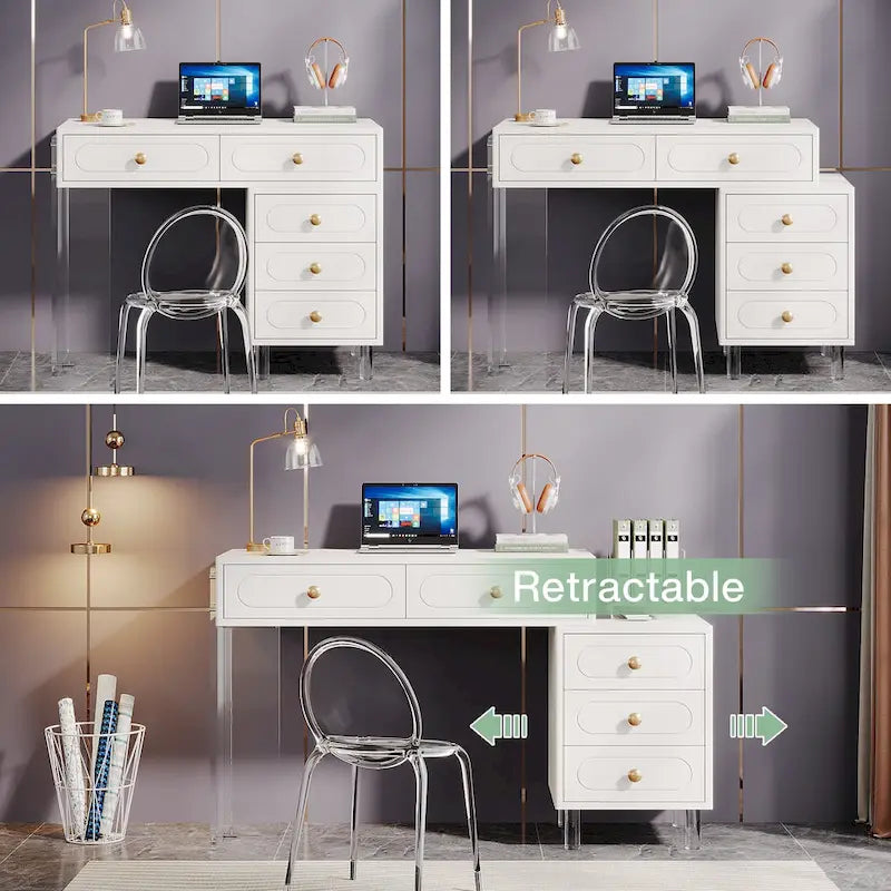 Bureau d'ordinateur moderne à 5 tiroirs avec pieds en acrylique et rangement