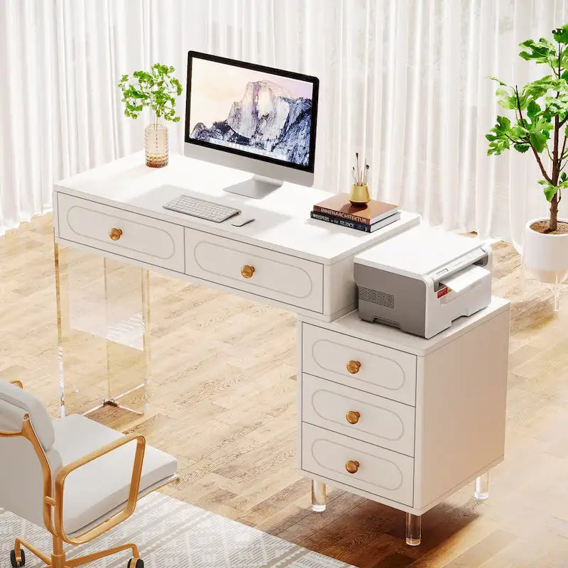 Bureau d'ordinateur moderne à 5 tiroirs avec pieds en acrylique et rangement