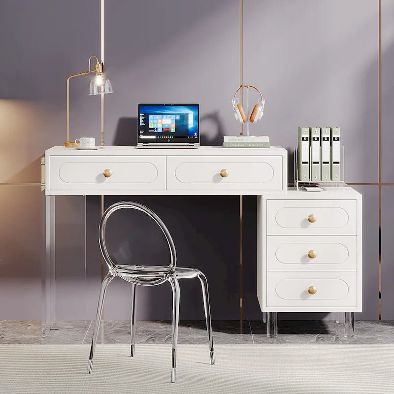 Bureau d'ordinateur moderne à 5 tiroirs avec pieds en acrylique et rangement