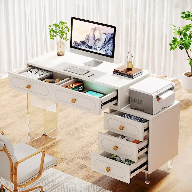 Bureau d'ordinateur moderne à 5 tiroirs avec pieds en acrylique et rangement
