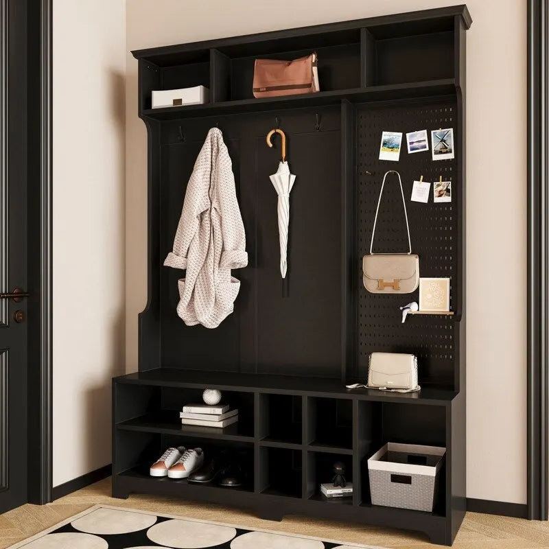 Meuble d'entrée avec banc à chaussures, porte-manteau, étagères de rangement et panneau perforé