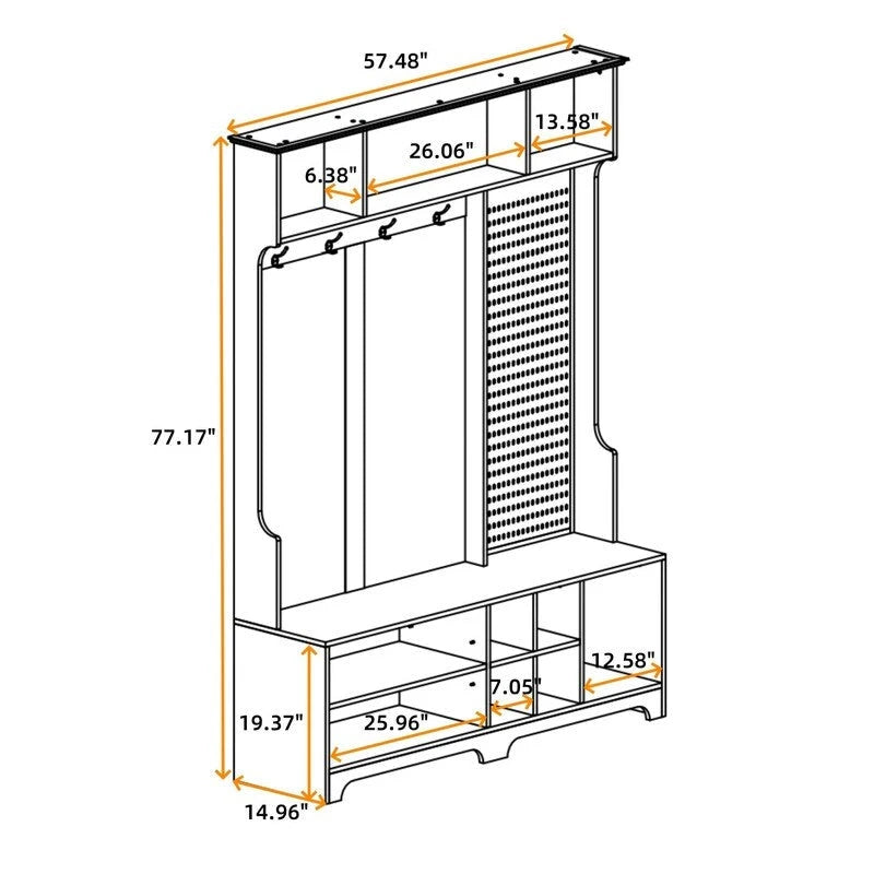 Meuble d'entrée avec banc à chaussures, porte-manteau, étagères de rangement et panneau perforé