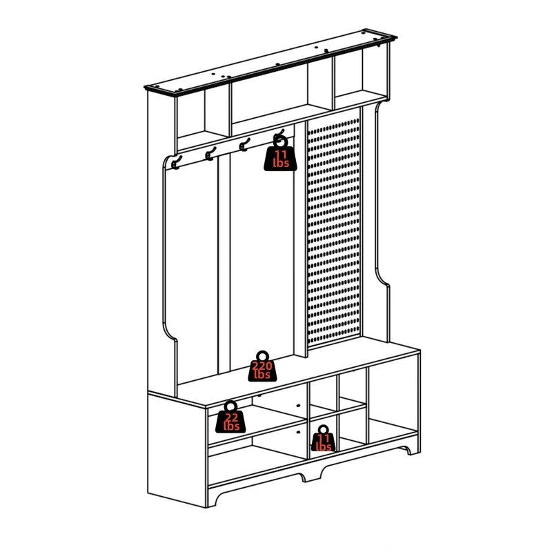 Meuble d'entrée avec banc à chaussures, porte-manteau, étagères de rangement et panneau perforé